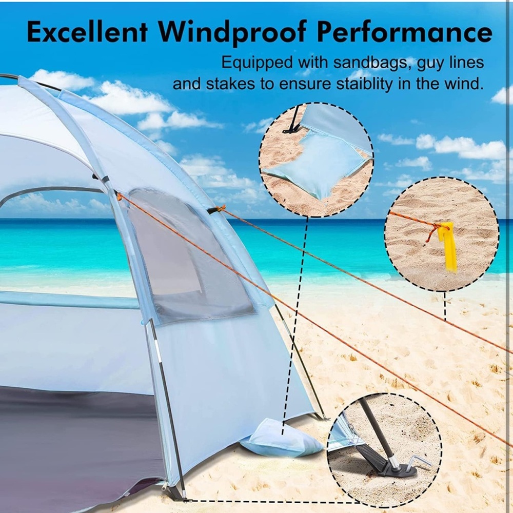 Beach Tent Anti-UV Portable Sun Shade Shelter for 3 Person, Mesh Windows - Picture 5 of 7